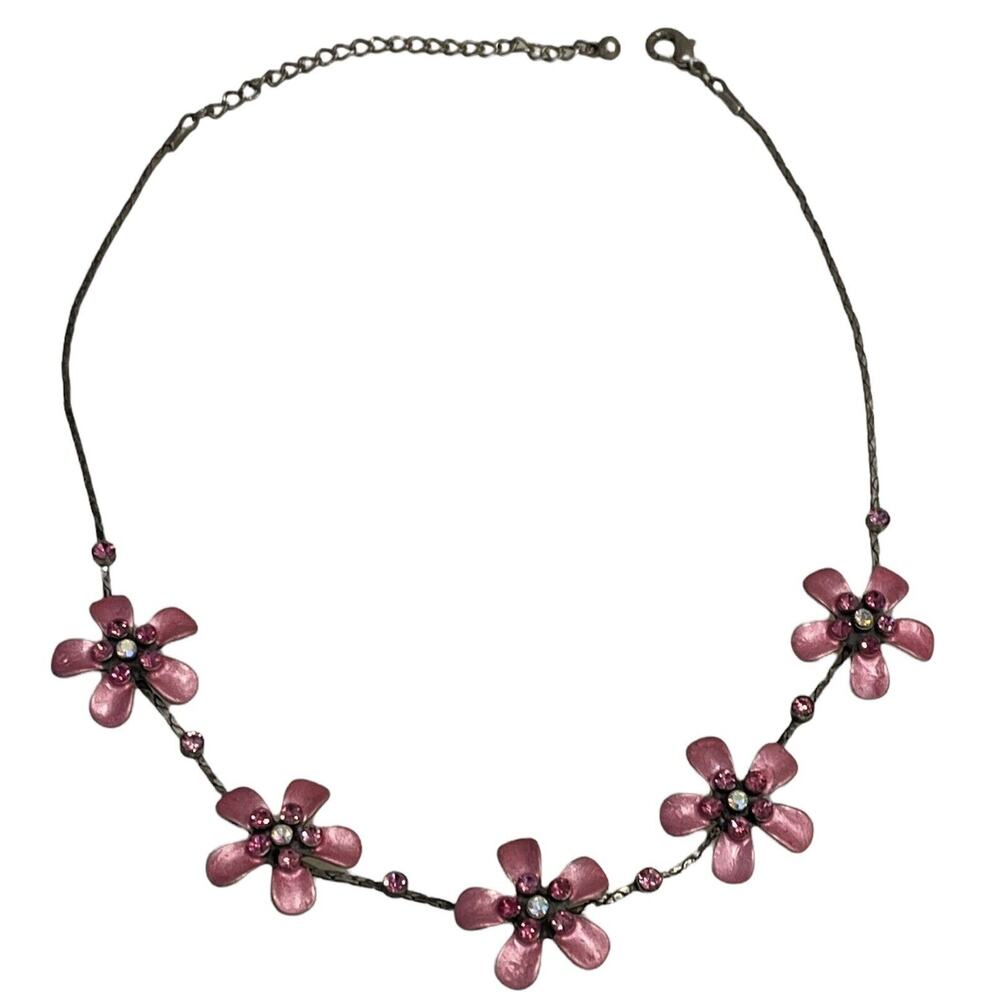 VTG Enameled Metal Rhinestone STATEMENT NECKLACE Pink Daisy Flowers 18” Adjusts